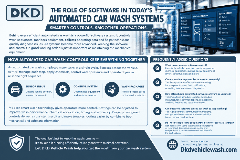 DKD Vehicle Wash automated car wash software system infographic showing smart controls, sensor input, wash sequences, FAQs, and software monitoring